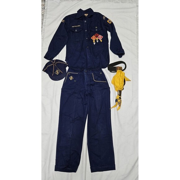 VINTAGE Cub Scout Uniform Shirt Patches Pants Cap Neckerchief Scarf Slide Belt - Picture 1 of 15